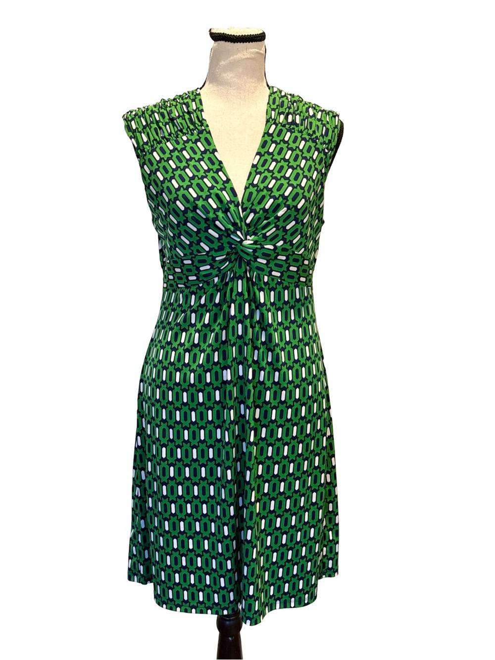 Kiara Geometric Print Twist Front Sheath Dress Medium Green Blue Stretch Dress
